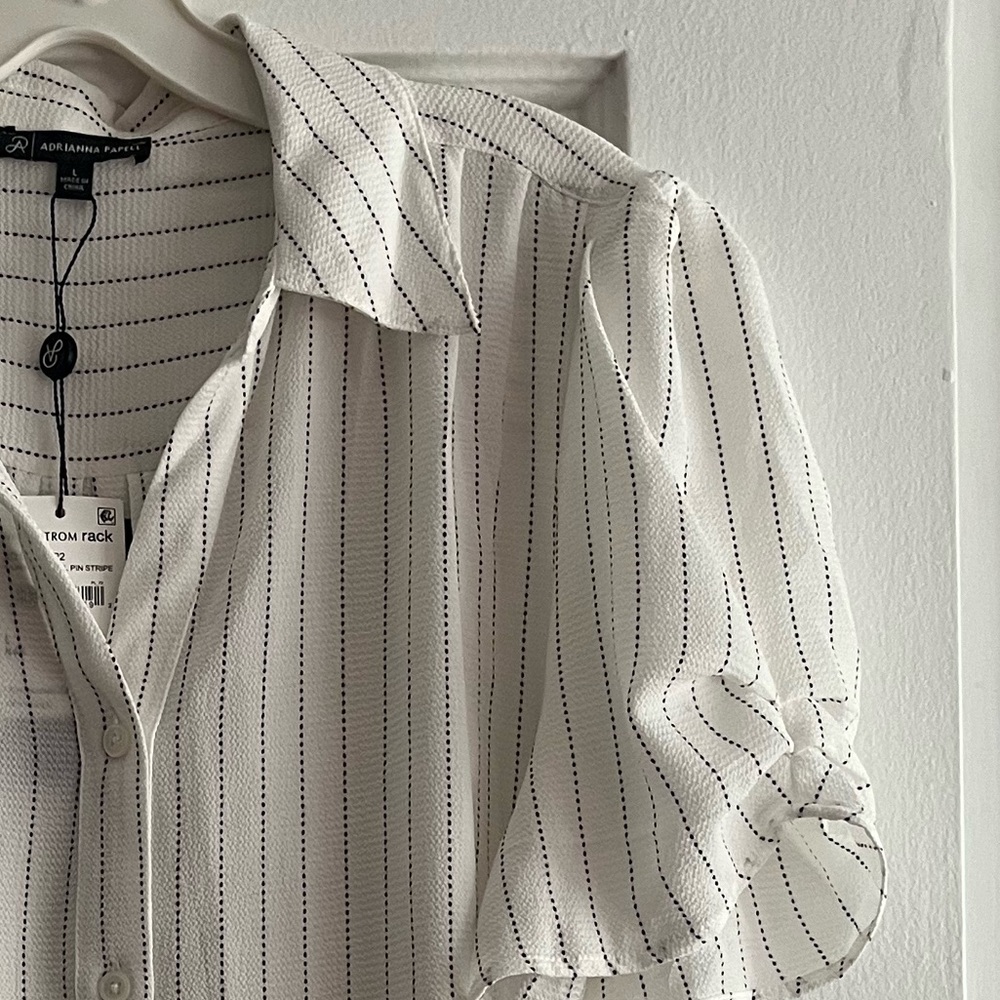Adrianna Papell off white button down blouse w/ black dotted stripes. Brand new. - Picture 3 of 3